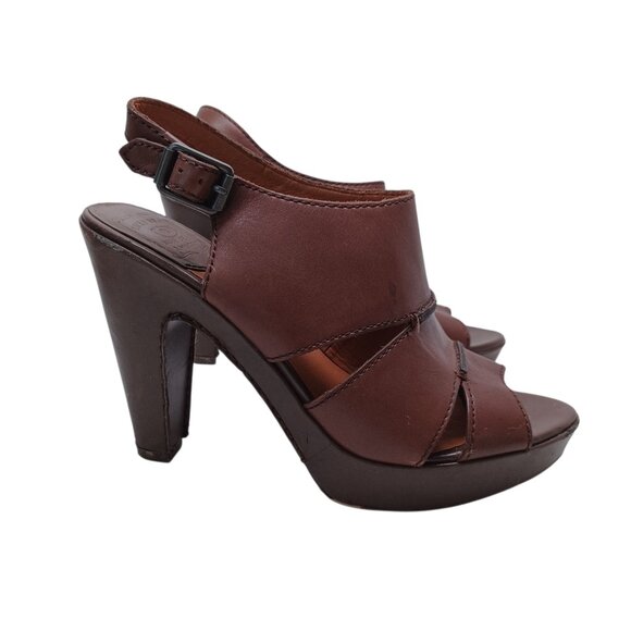 Lucky Brand Heels Brown Leather Peggy Sling Back Open Toe Sandals Womens 7M 37 - Picture 1 of 16